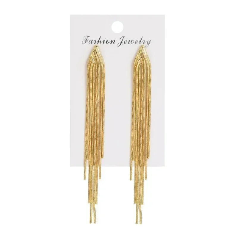 Vintage Gold Color Bar Long Thread Tassel Drop Earrings for Women Glossy Geometric Korean Earring New Fashion Wedding Jewelry