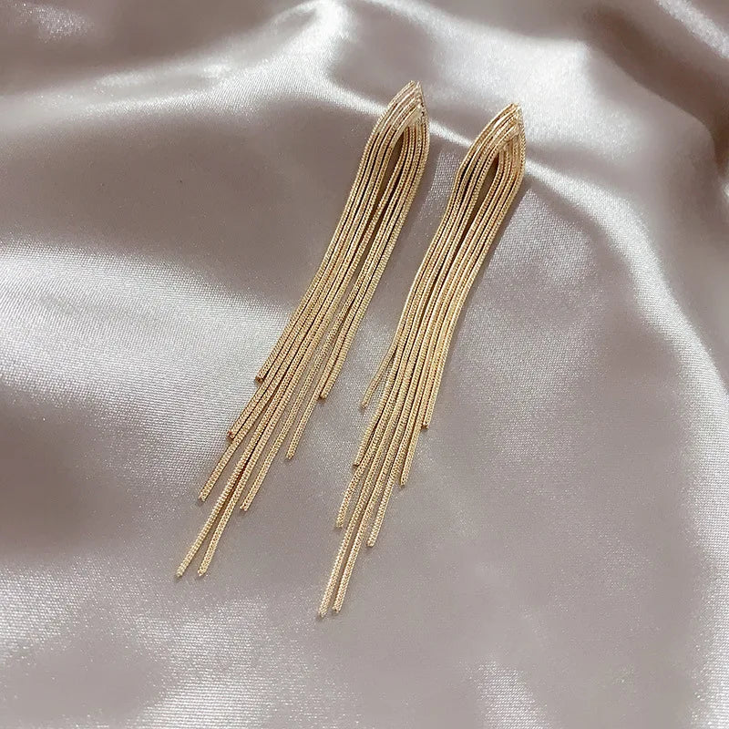 Vintage Gold Color Bar Long Thread Tassel Drop Earrings for Women Glossy Geometric Korean Earring New Fashion Wedding Jewelry