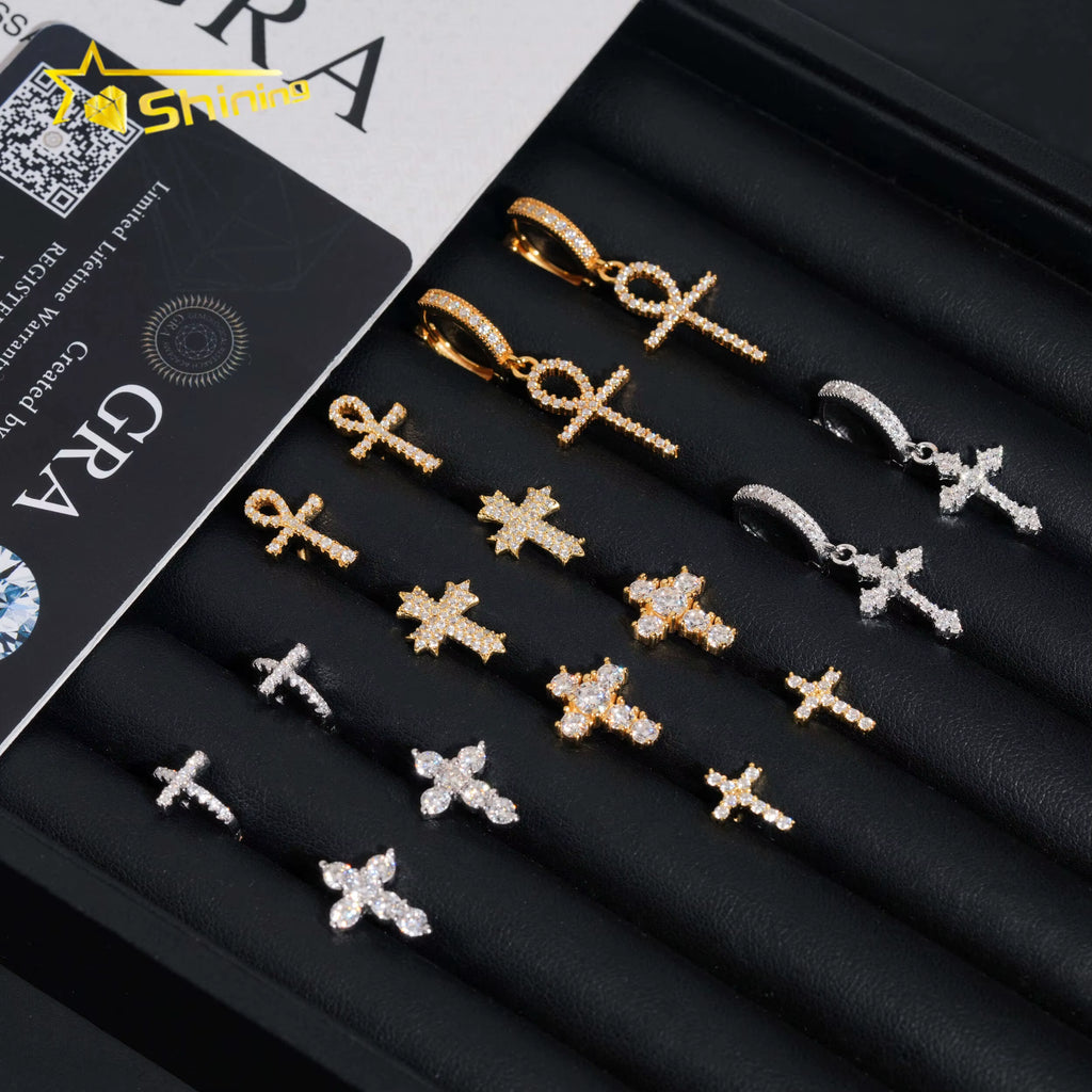 Cheapest RTS Moissanite Cross Earring Fine Jewelry Gold Plated 925 Sterling Silver Iced Out VVS Moissanite Earrings
