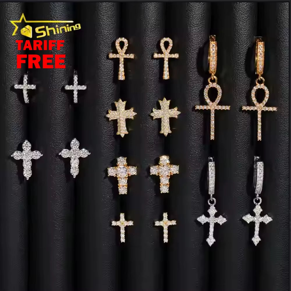 Cheapest RTS Moissanite Cross Earring Fine Jewelry Gold Plated 925 Sterling Silver Iced Out VVS Moissanite Earrings