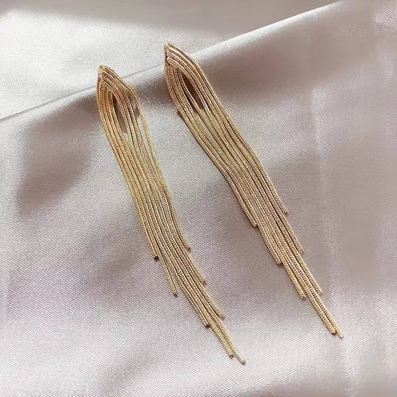 Vintage Gold Color Bar Long Thread Tassel Drop Earrings for Women Glossy Geometric Korean Earring New Fashion Wedding Jewelry