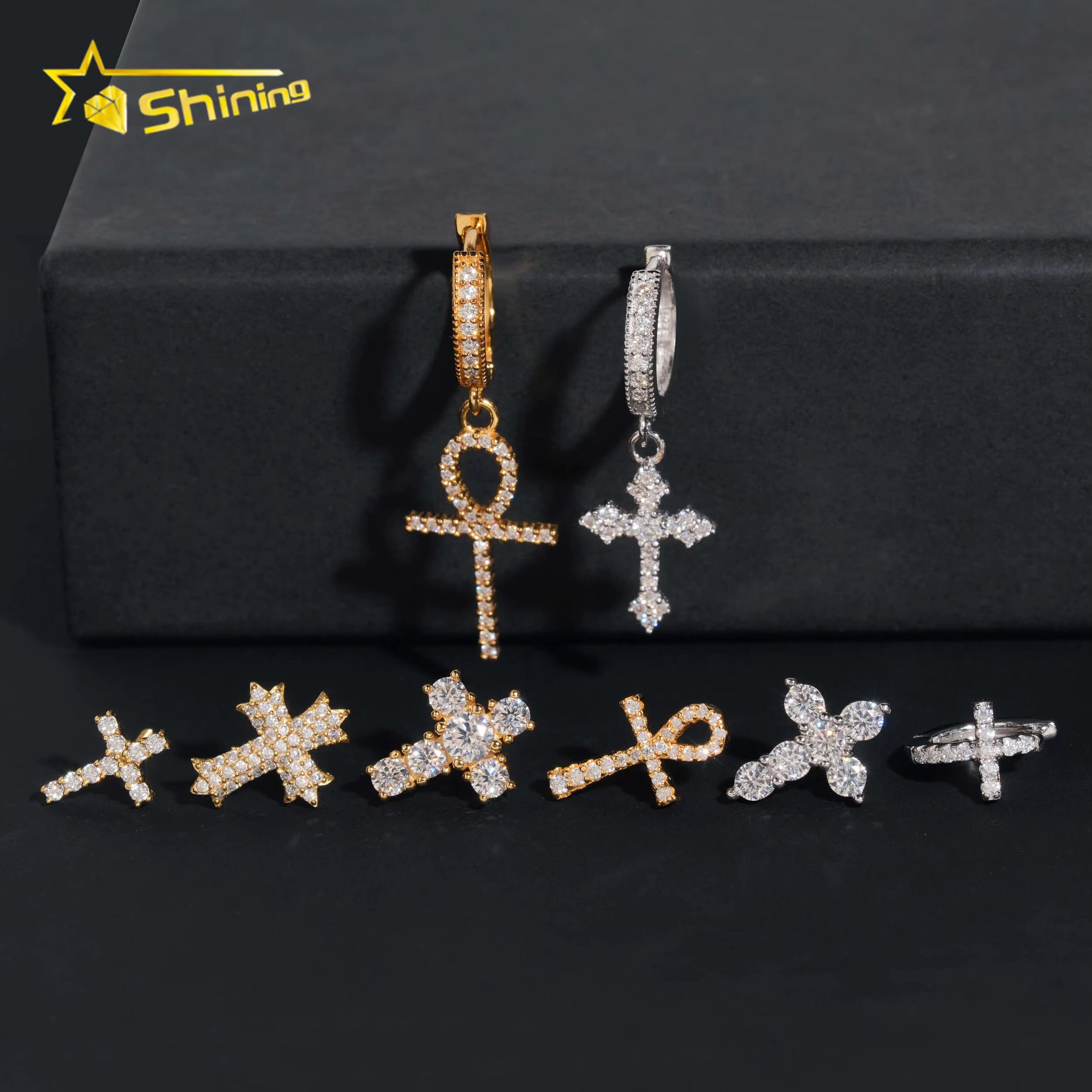Cheapest RTS Moissanite Cross Earring Fine Jewelry Gold Plated 925 Sterling Silver Iced Out VVS Moissanite Earrings